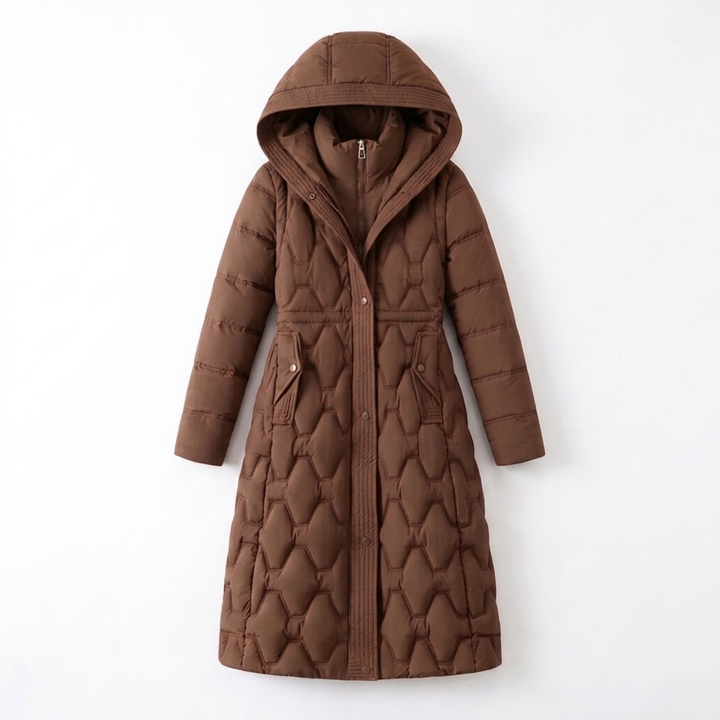 Daisy | Elegant Women’s Long Quilted Puffer Coat with Hood and Cinched Waist