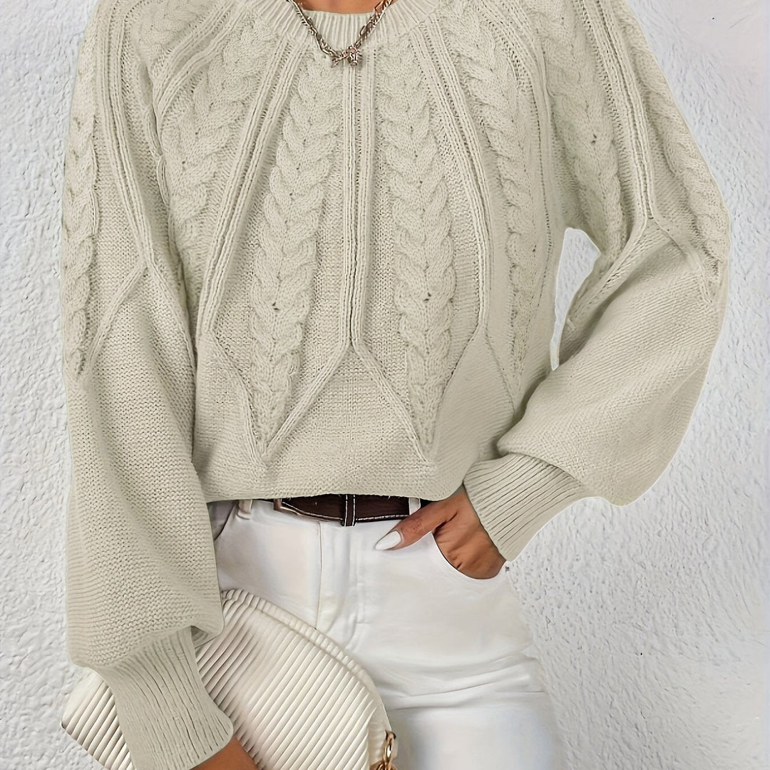 Women's Cable Knit Sweater with Relaxed Fit and Lantern Sleeves for Everyday Wear