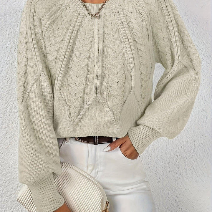 Women's Cable Knit Sweater with Relaxed Fit and Lantern Sleeves for Everyday Wear