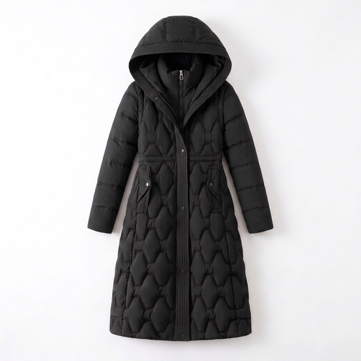 Daisy | Elegant Women’s Long Quilted Puffer Coat with Hood and Cinched Waist