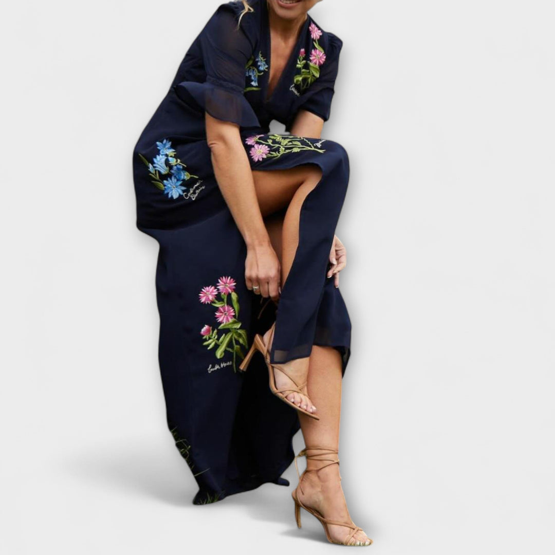 Beatrice - Vestido Azul Marinho Elegante com Bordado Floral