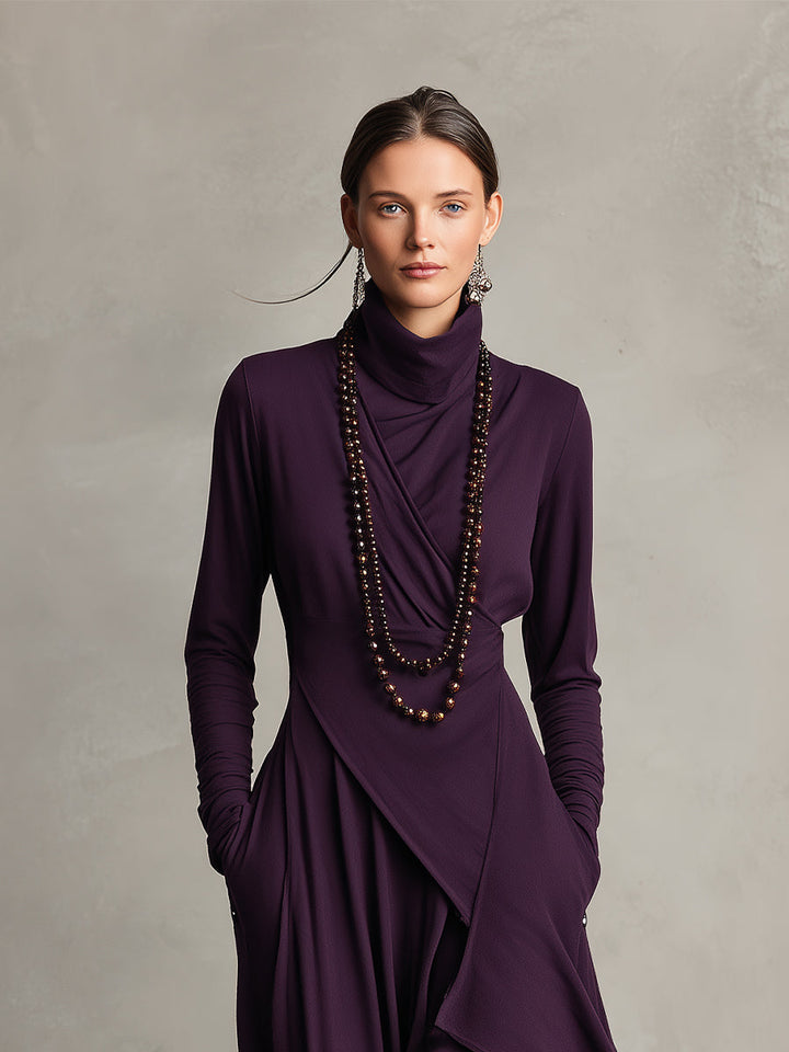 Natalia | Asymmetrisk Maxi Strikket Kjole med Rullekrave