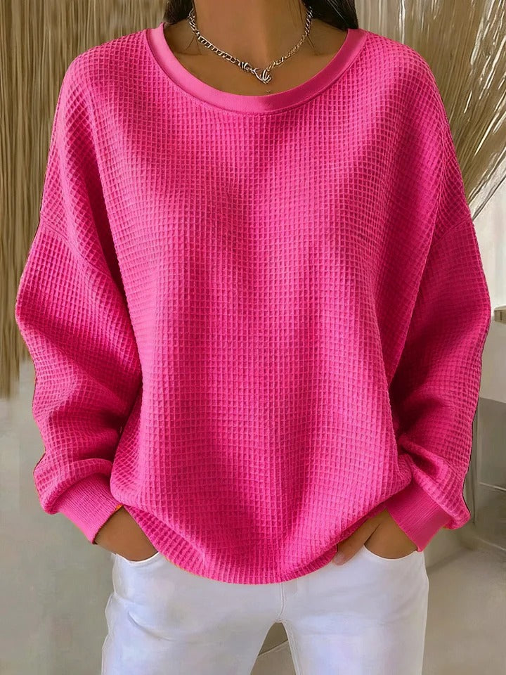 Suéter feminino de tricô waffle, modelagem oversized, silhueta confortável, casual para o dia a dia