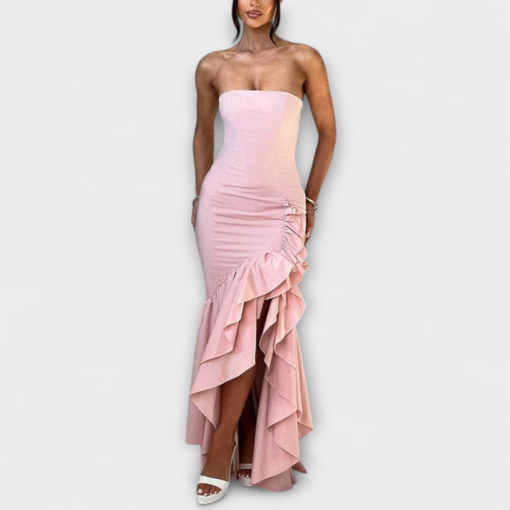 Zuri - Maxikleid mit Carmenausschnitt, schmaler Passform und asymmetrischem Saum