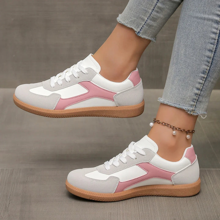 Tênis femininos de couro, perfil baixo, sola de borracha, palmilha acolchoada, estilo retrô casual