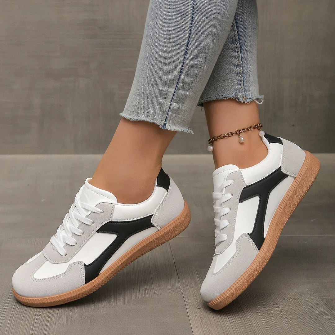 Tênis femininos de couro, perfil baixo, sola de borracha, palmilha acolchoada, estilo retrô casual