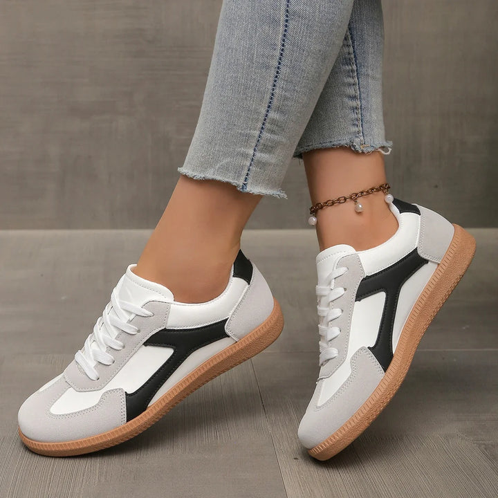 Tênis femininos de couro, perfil baixo, sola de borracha, palmilha acolchoada, estilo retrô casual