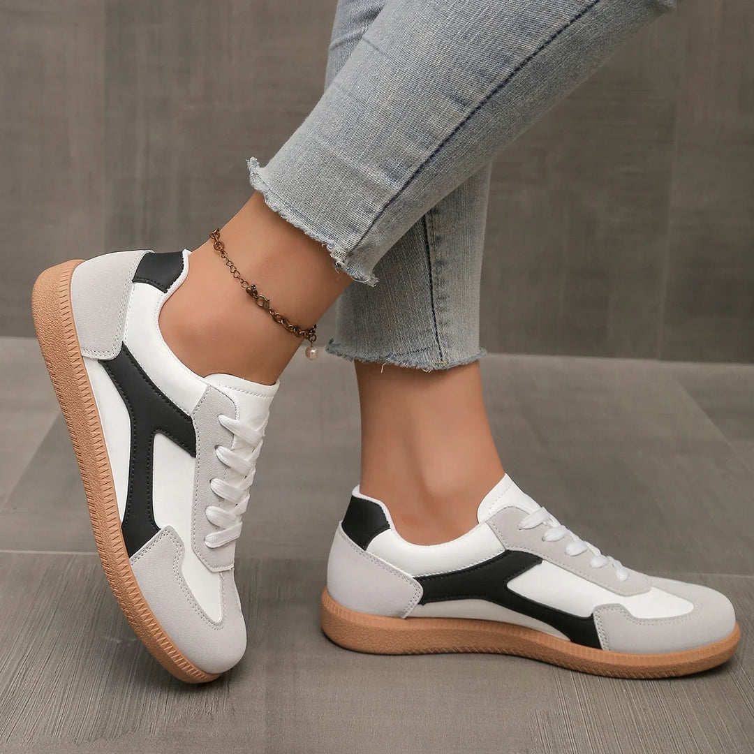 Tênis femininos de couro, perfil baixo, sola de borracha, palmilha acolchoada, estilo retrô casual