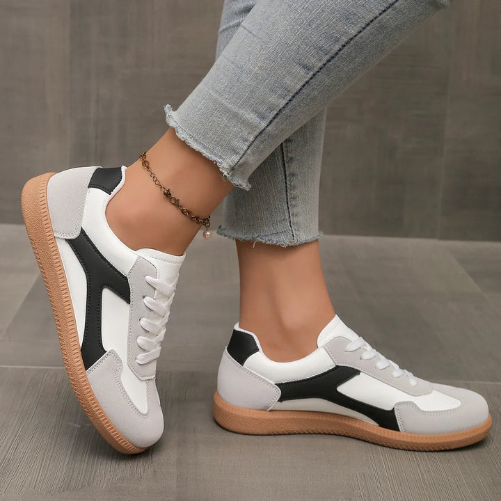 Tênis femininos de couro, perfil baixo, sola de borracha, palmilha acolchoada, estilo retrô casual