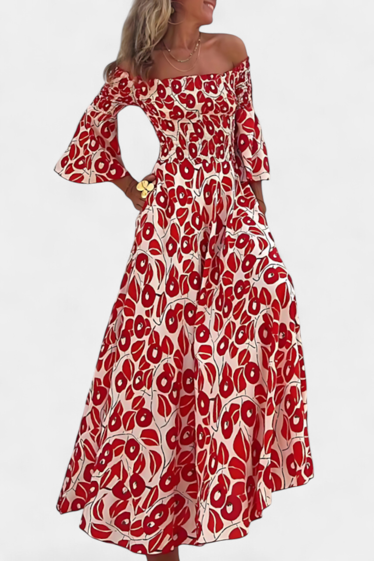 Vestido floral marino con hombros descubiertos