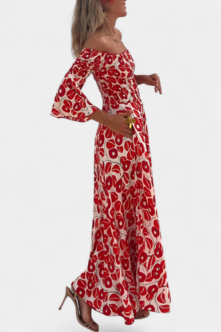Vestido floral marino con hombros descubiertos