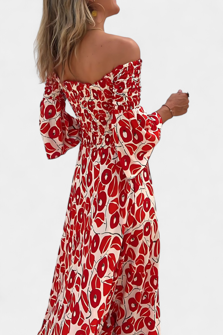 Vestido floral marino con hombros descubiertos