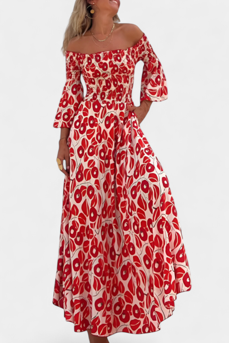 Vestido floral marino con hombros descubiertos