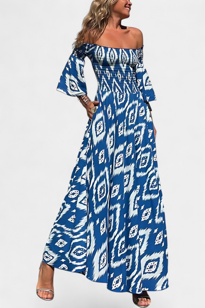 Vestido floral marino con hombros descubiertos