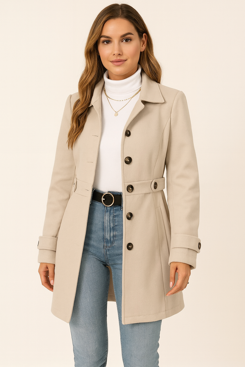 Women's Trenchcoat Wool Blend Adjustable Belt Notch Collar Office