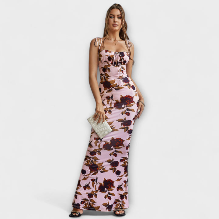 Thalia - Blomsterprintet gallakjole med bundne skulderstropper