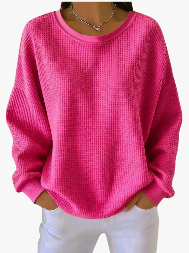 Suéter feminino de tricô waffle, modelagem oversized, silhueta confortável, casual para o dia a dia
