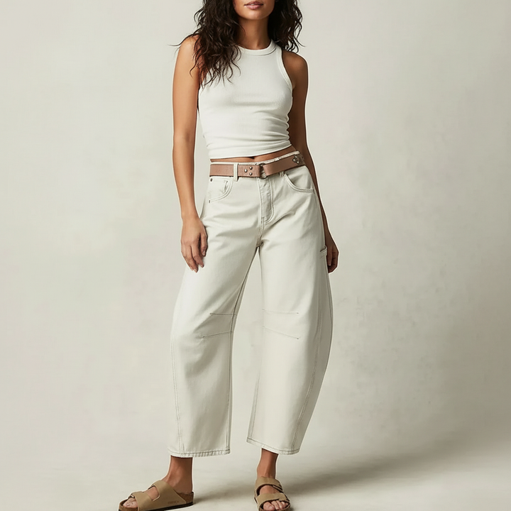 Mallory | Vaqueros de denim de cintura alta y pierna barrel, de estilo desenfadado, con detalles de costuras