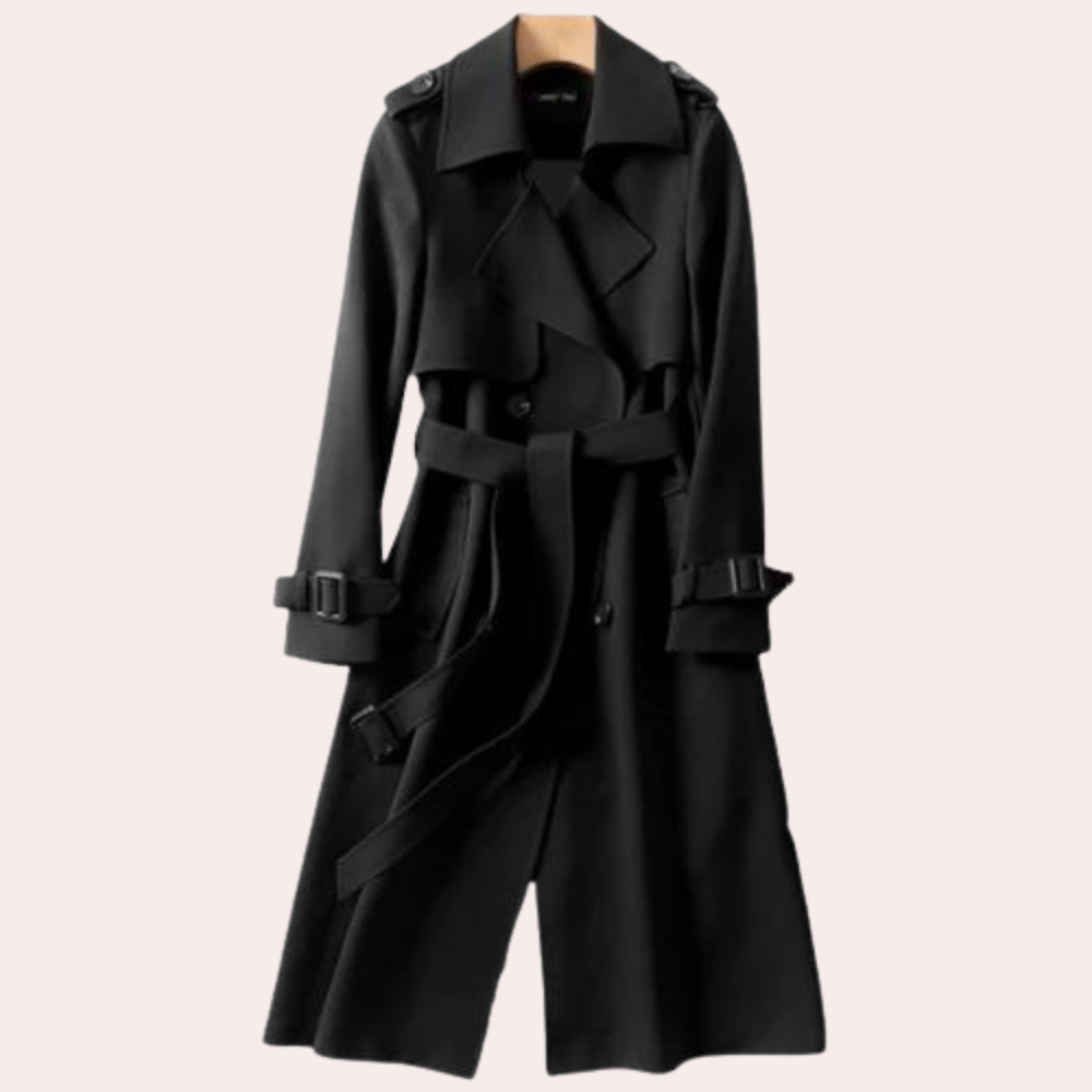 Casaco longo feminino com design de botões duplos, modelagem ajustada, para uso formal a casual