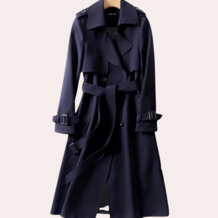 Casaco longo feminino com design de botões duplos, modelagem ajustada, para uso formal a casual