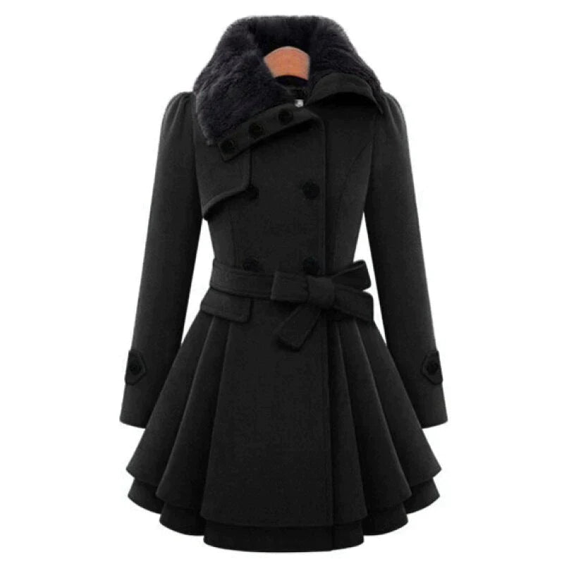 Aurelie | Vintage-Inspired Belted Trench Coat with Faux Fur Trim and Tailored Waist