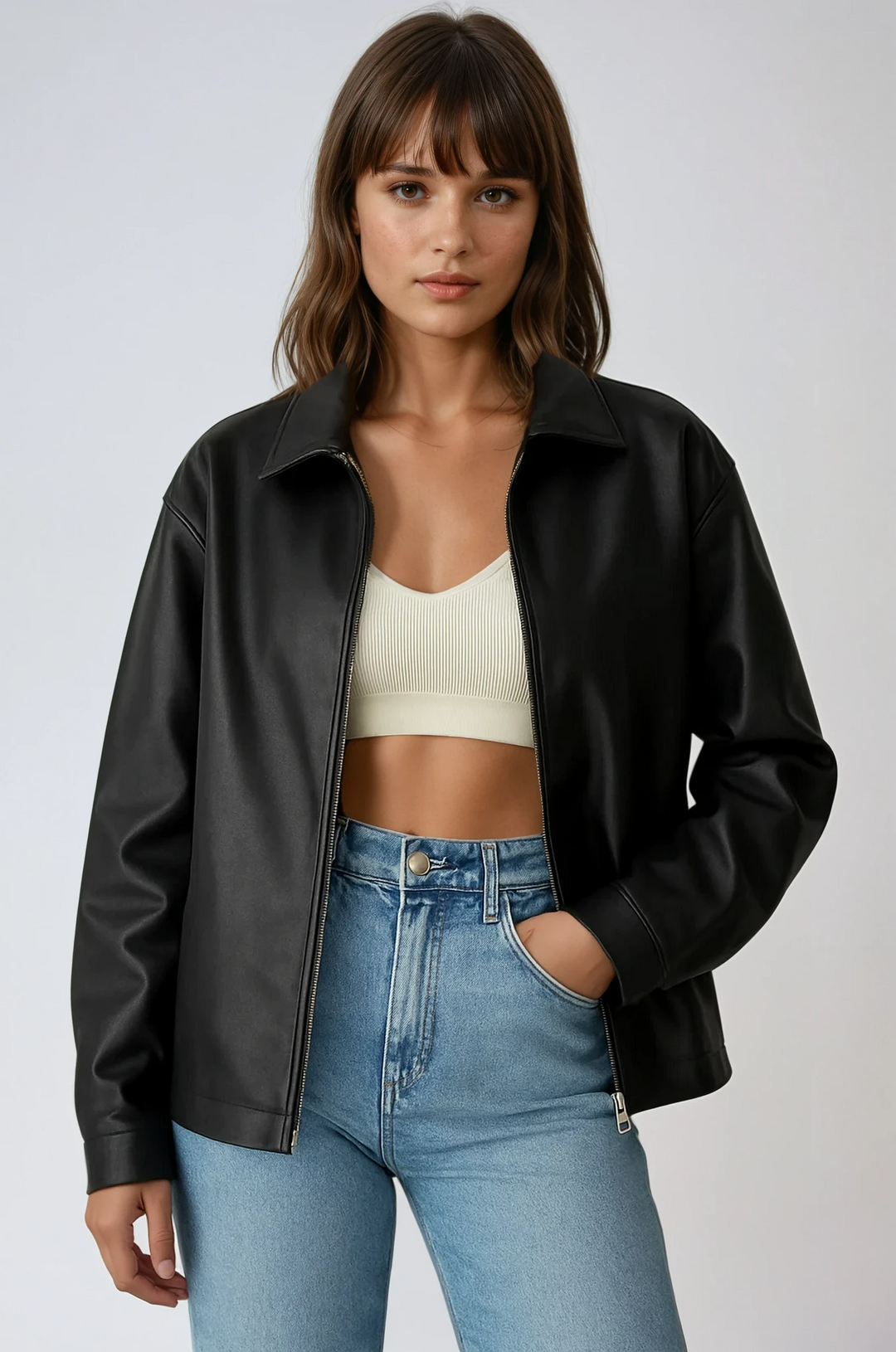 Chaqueta de cuero sintético para mujer de corte holgado con cremallera, prenda de abrigo utilitaria