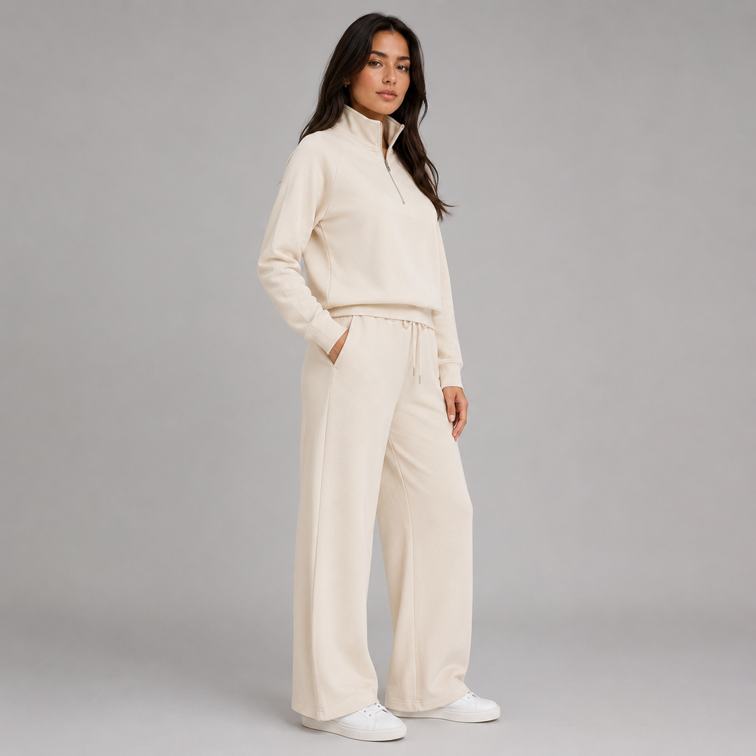 Ilaria | Cozy Two-Piece Lounge Set with Half-Zip Sweatshirt and Wide-Leg Trousers