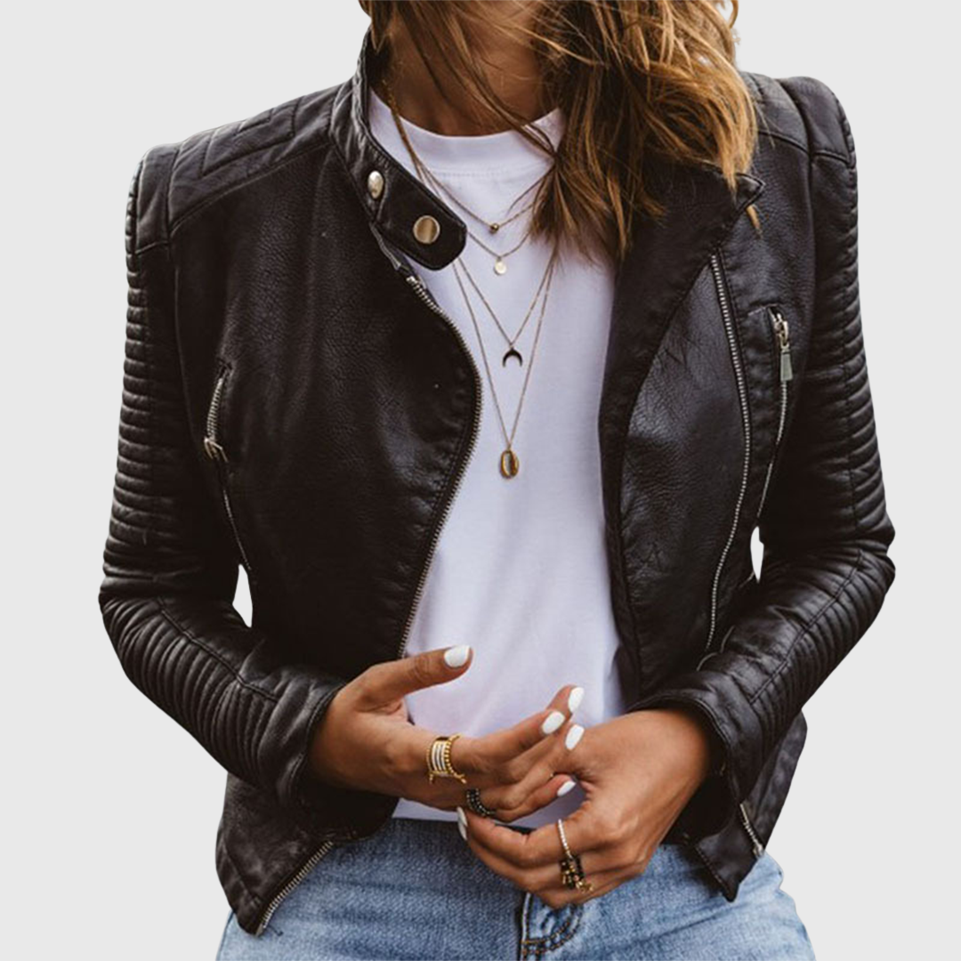 Damen-Lederjacke im Bikerstil mit Reißverschlusstaschen und gerippten Ärmeln