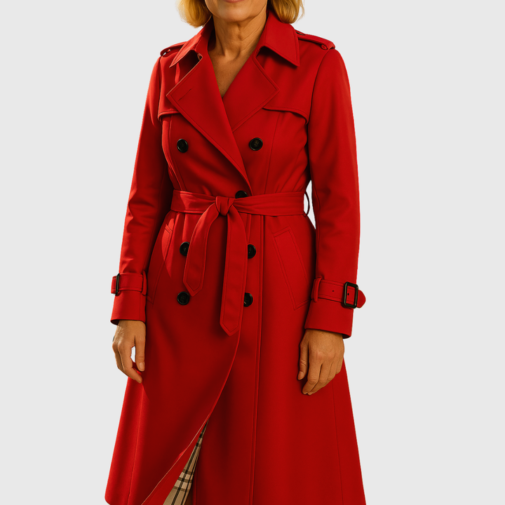Langer Damen-Trenchcoat mit doppelreihiger Knopfleiste, Gürtel und Reverskragen