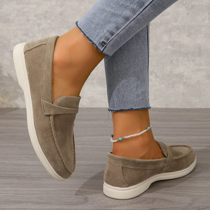 Mocassins femininos de camurça, fáceis de calçar, palmilha acolchoada, sola de borracha, para escritório e uso casual