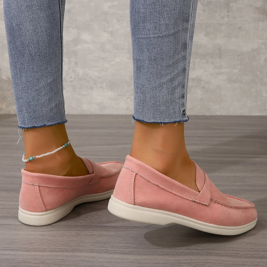 Mocassins femininos de camurça, fáceis de calçar, palmilha acolchoada, sola de borracha, para escritório e uso casual