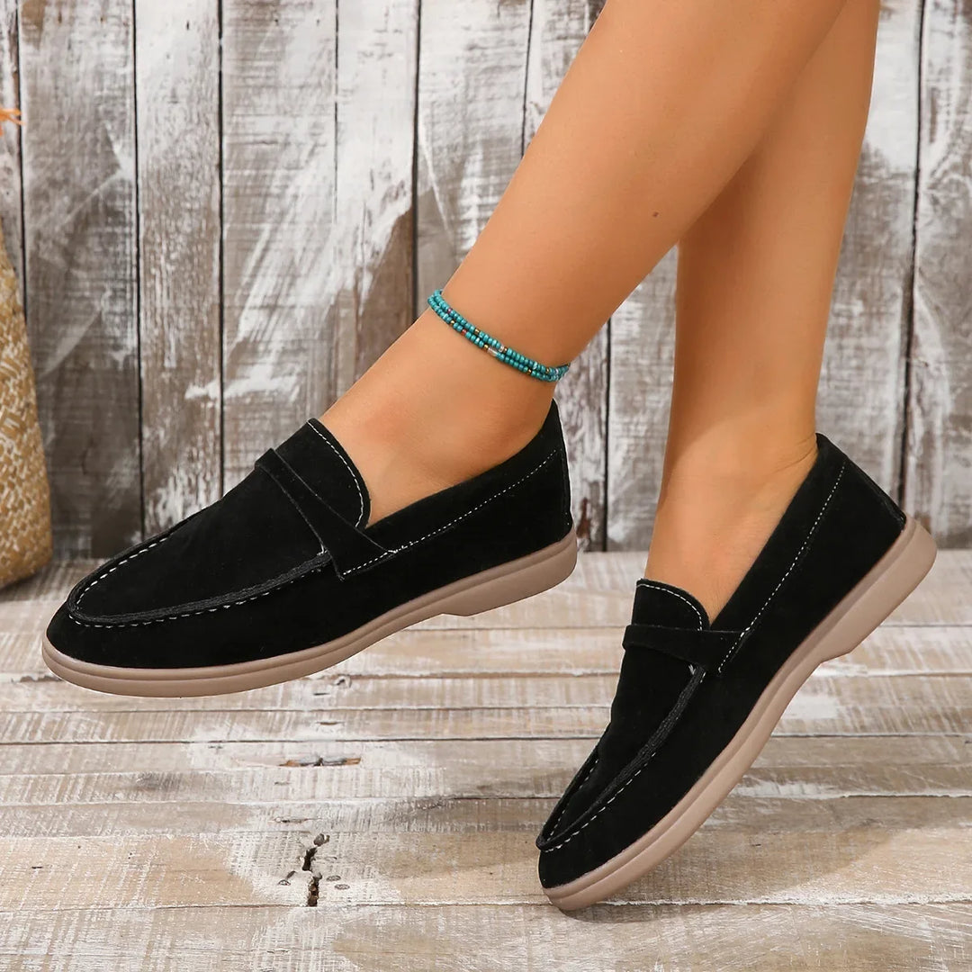 Mocassins femininos de camurça, fáceis de calçar, palmilha acolchoada, sola de borracha, para escritório e uso casual