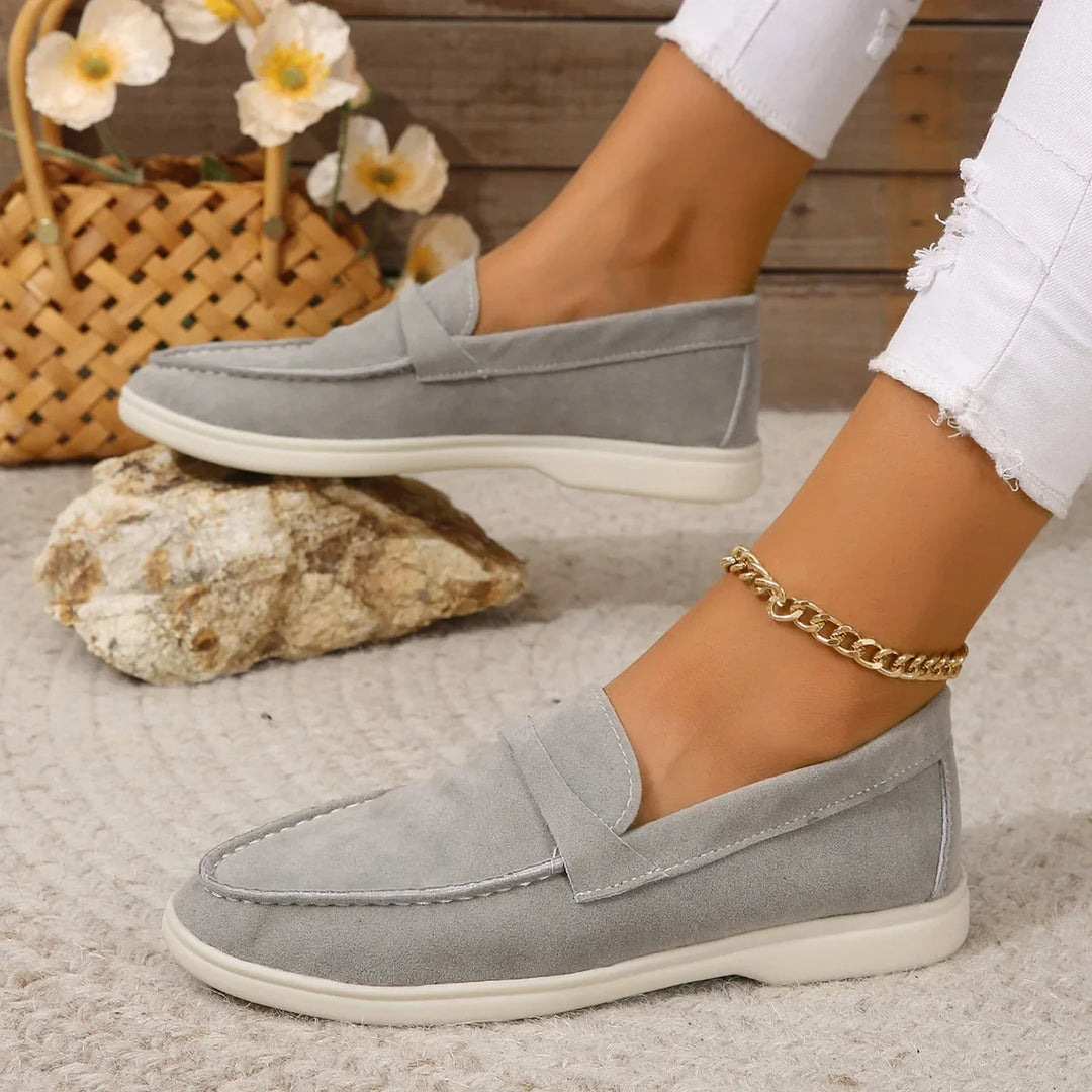 Mocassins femininos de camurça, fáceis de calçar, palmilha acolchoada, sola de borracha, para escritório e uso casual