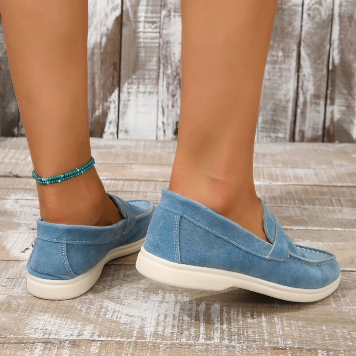 Mocassins femininos de camurça, fáceis de calçar, palmilha acolchoada, sola de borracha, para escritório e uso casual