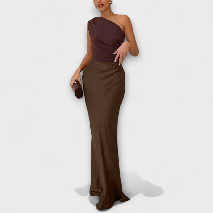 Vestido Maxi Plissado Elegante de Um Ombro Só