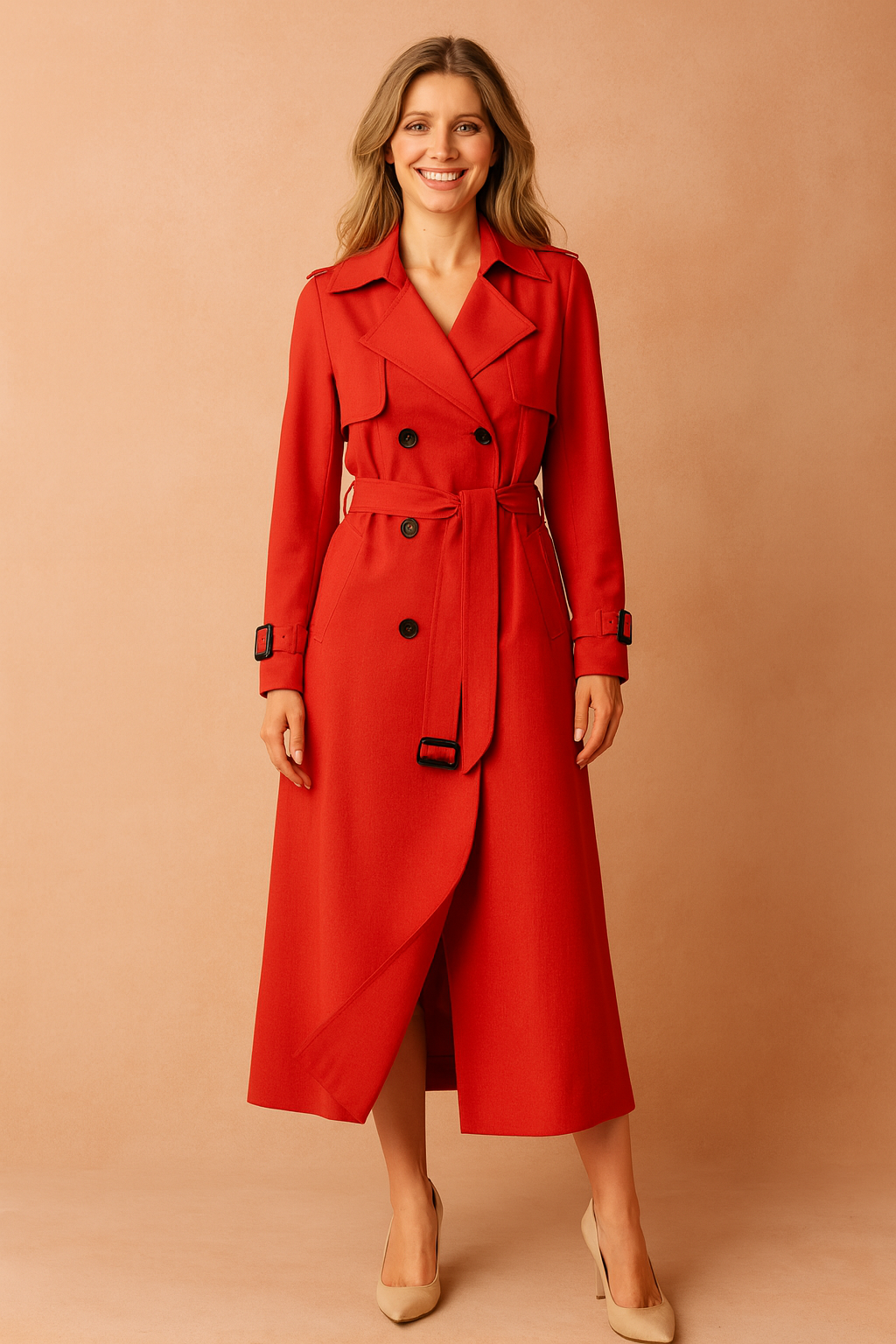 Trench coat feminino de poliéster, cintura com cinto, lapela larga, para trabalho e uso casual