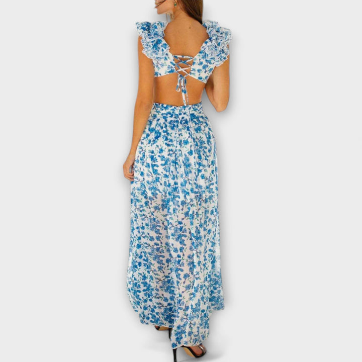 Elin - Vestido Longo com Barra de Babados e Detalhes Vazados