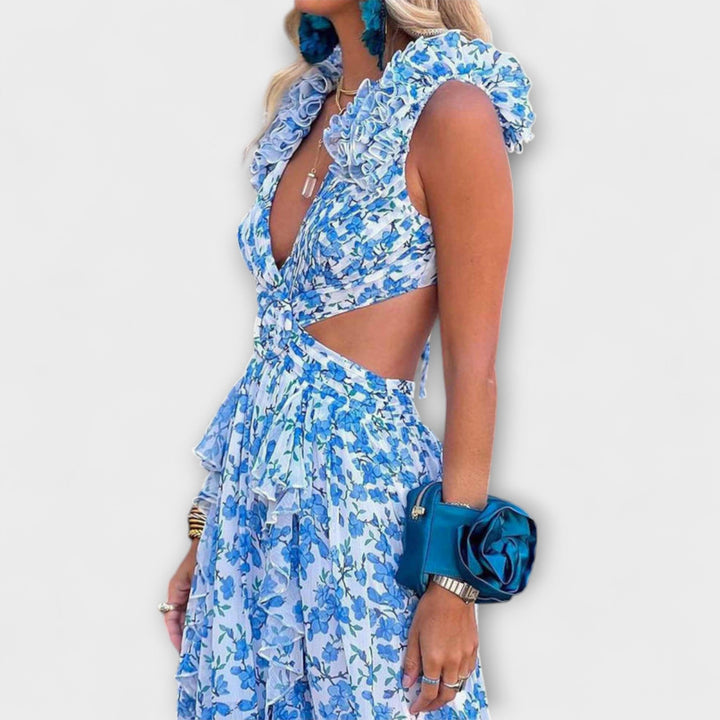 Elin - Vestido Longo com Barra de Babados e Detalhes Vazados