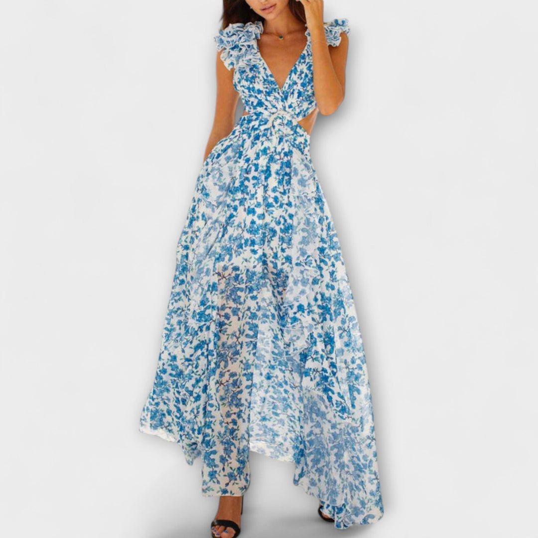 Elin - Vestido Longo com Barra de Babados e Detalhes Vazados