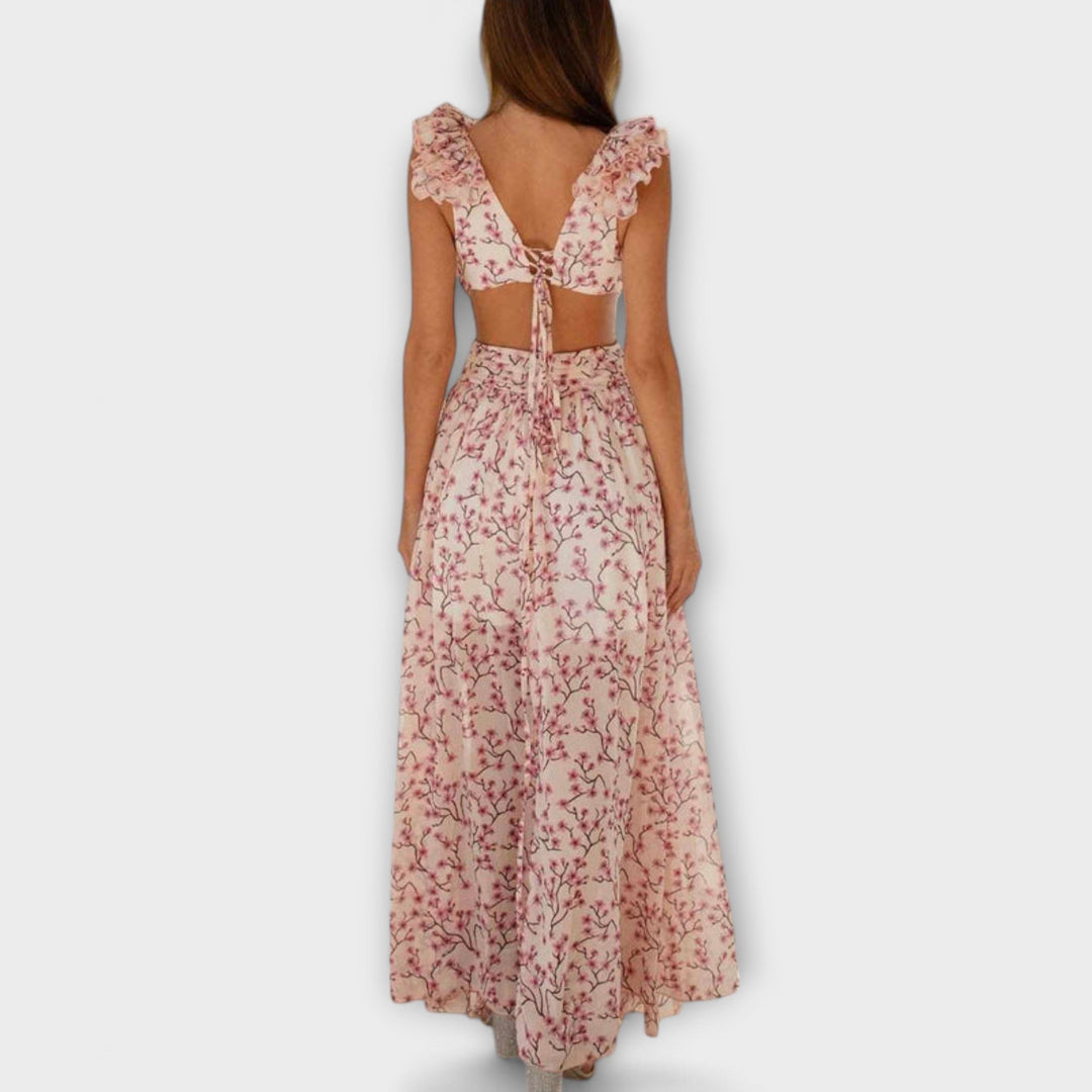 Elin - Vestido Longo com Barra de Babados e Detalhes Vazados