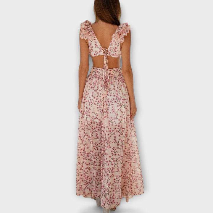 Elin - Vestido Longo com Barra de Babados e Detalhes Vazados
