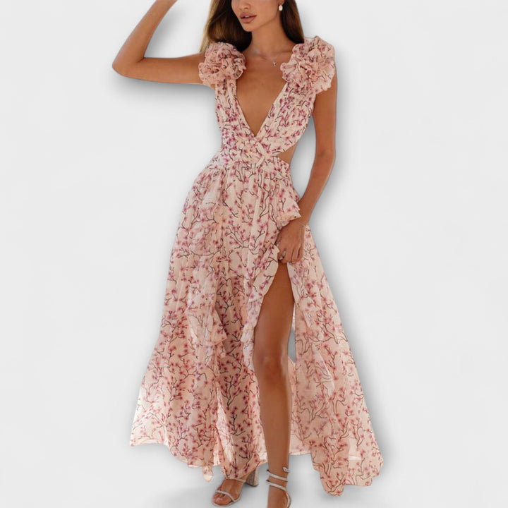 Elin - Vestido Longo com Barra de Babados e Detalhes Vazados