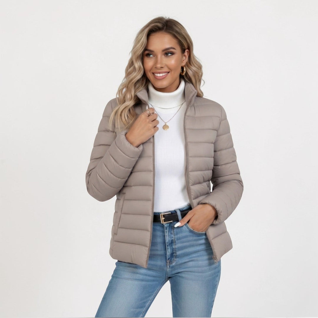 Chaqueta acolchada para mujer, con relleno térmico, cuello alto, cierre de cremallera, casual