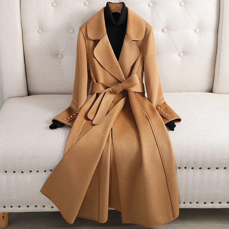 Women's Long Trenchcoat Wool Belted Waist Tailored Fit Formal to Casual Wear