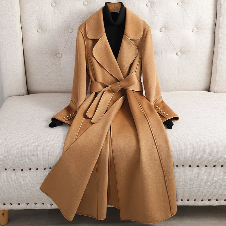Women's Long Trenchcoat Wool Belted Waist Tailored Fit Formal to Casual Wear
