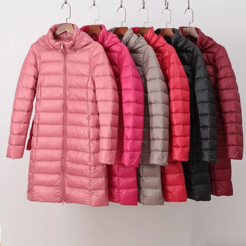 Ambrosine | Ultra-Light Long Down Jacket with Detachable Hood and Duck Down Fill