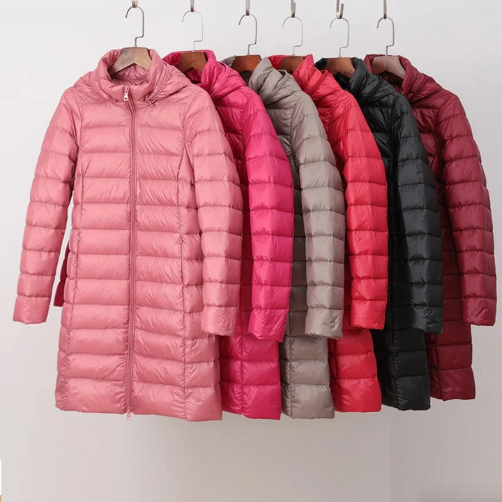 Ambrosine | Ultra-Light Long Down Jacket with Detachable Hood and Duck Down Fill