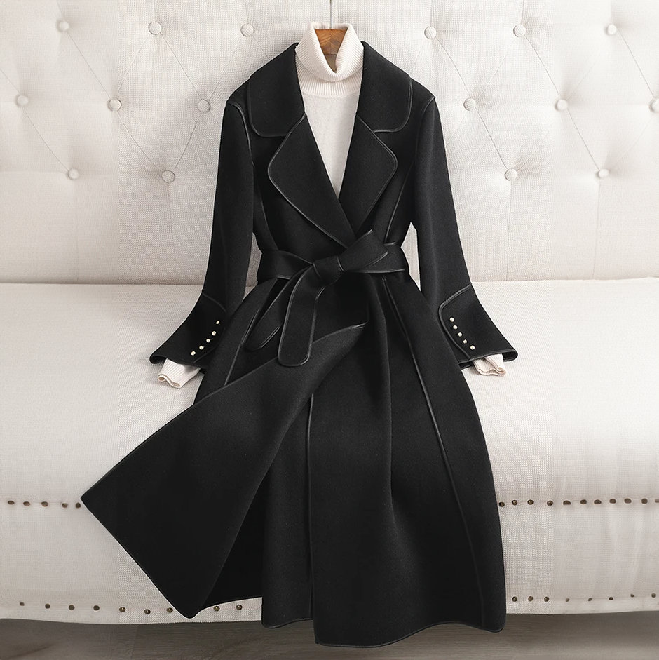 Women's Long Trenchcoat Wool Belted Waist Tailored Fit Formal to Casual Wear