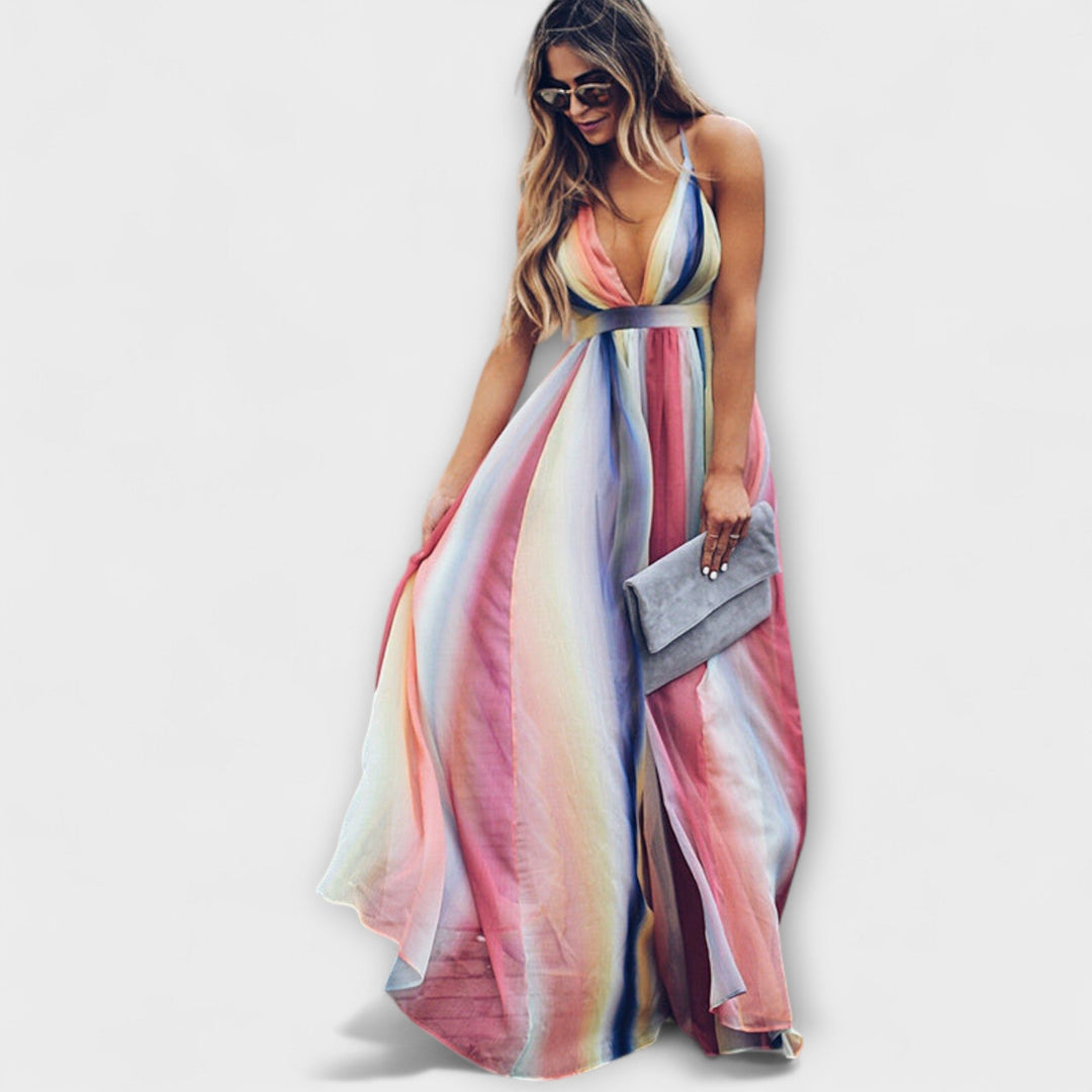 Vestido Feminino Listrado Multicolorido com Decote V