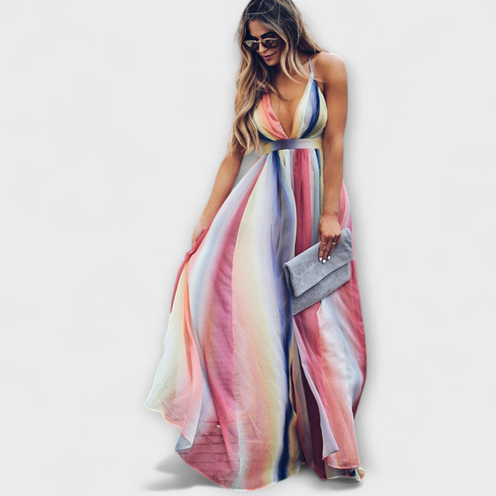Vestido Feminino Listrado Multicolorido com Decote V